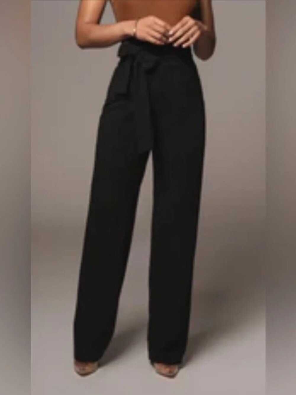 JLUXLABEL Black Wide Leg Pants / Slacks with tie belt